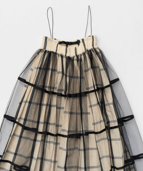 【25SPRING PRE-ORDER】2way Tulle Layered Plaid Pattern Volume Silhouette Skirt