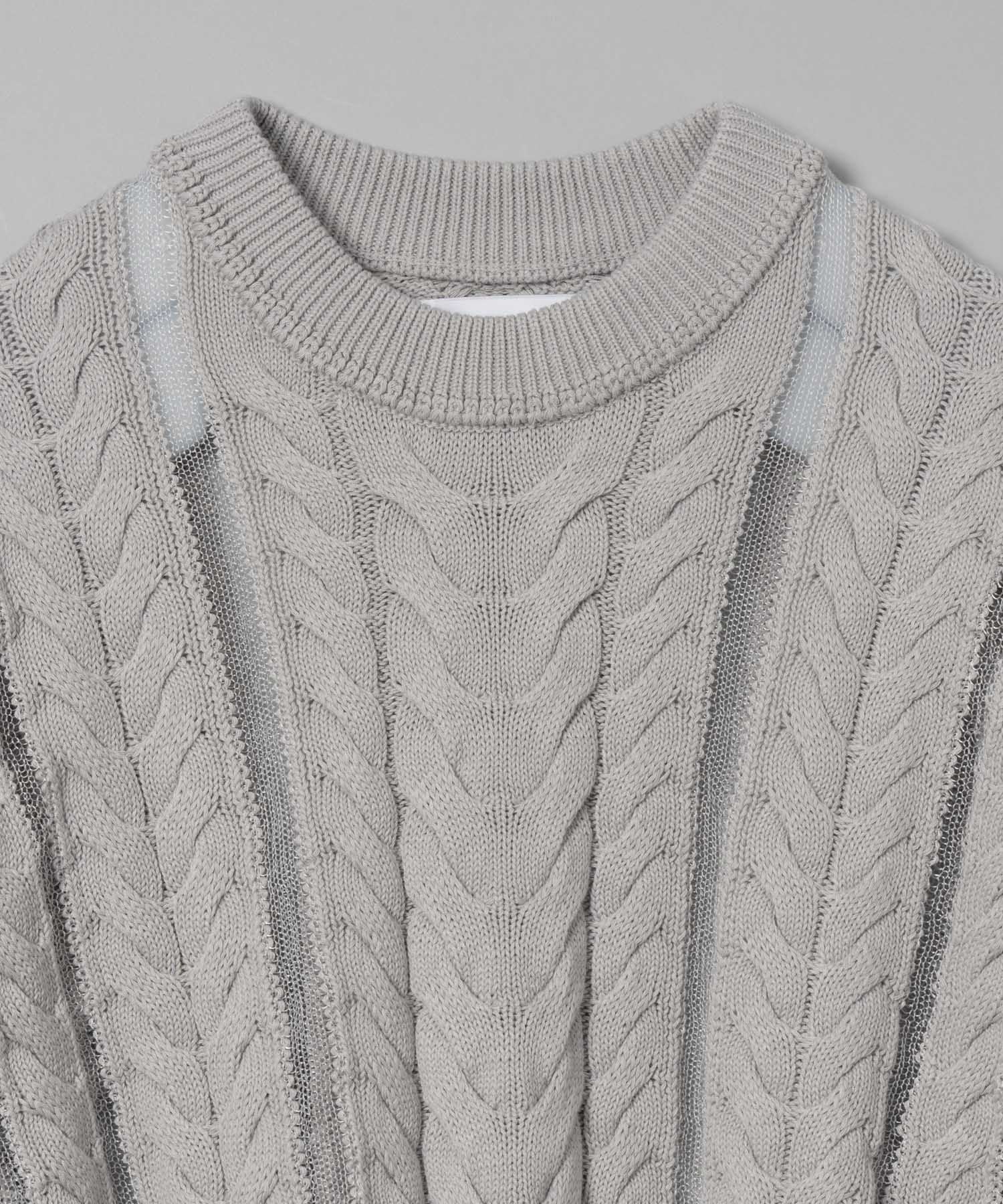 Cable Knitting Sheer Intarsia Prime-Over Crew Neck Knit Pullover