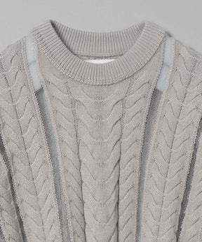 Cable Knitting Sheer Intarsia Prime-Over Crew Neck Knit Pullover