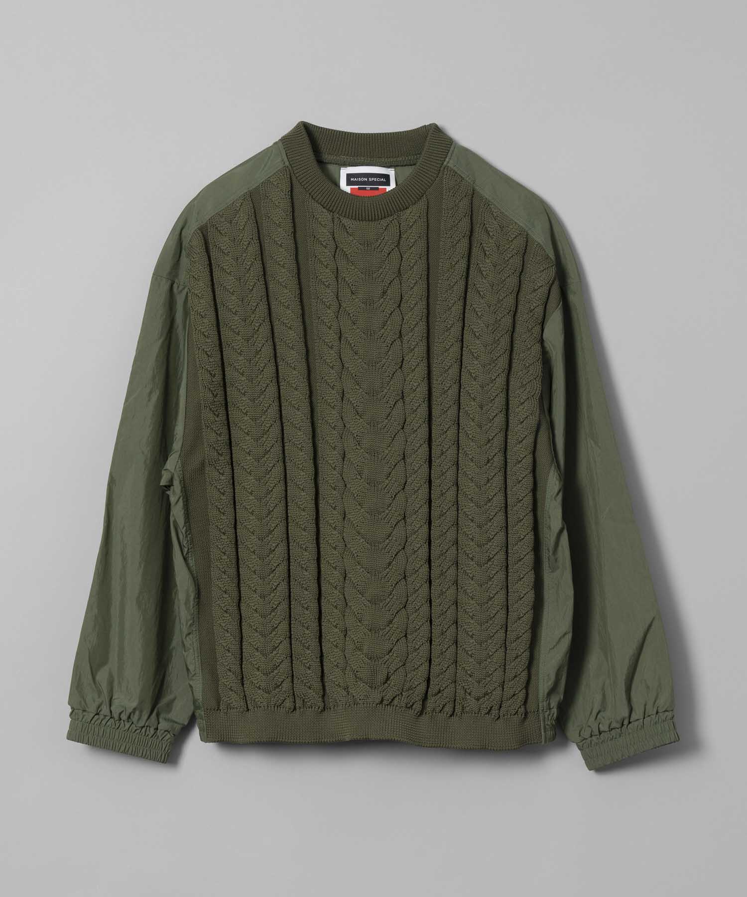 Cable Knit Combination Prime-Over Woven Shirt Crew Neck Pullover