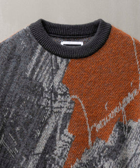 Airy Mohair Abstract Prime-Over Crew Neck Knit Pullover