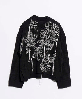 Oni-Waffle Hand Stitch Botanical Embroidery Prime-Over Crew Neck Knit Pullover