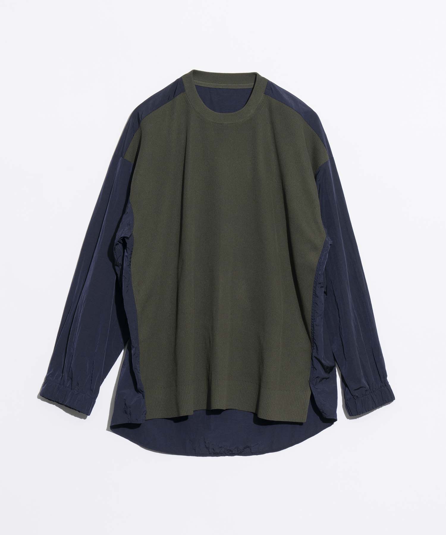 Knit Combination Prime-Over Woven Shirt Crew Neck Pullover