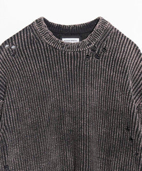 Snow Wash Damaged Prime-Over Crew Neck Knit Pullover