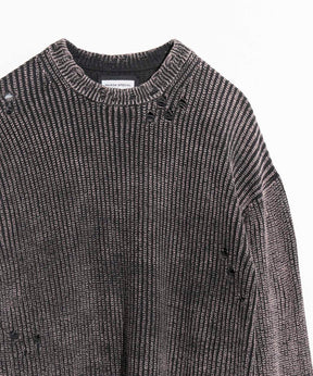 Snow Wash Damaged Prime-Over Crew Neck Knit Pullover