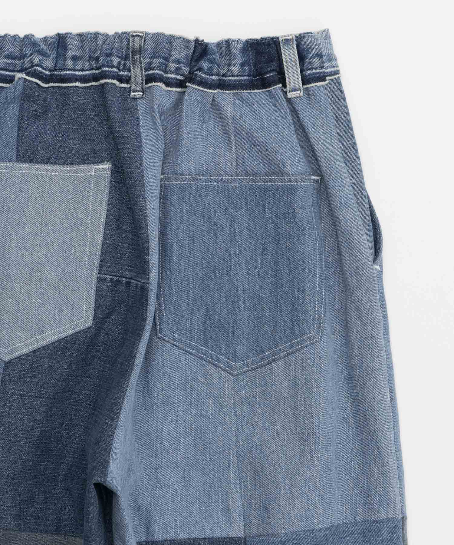 Patchwork Vintage denim One-Tuck Wide Roll up Pants