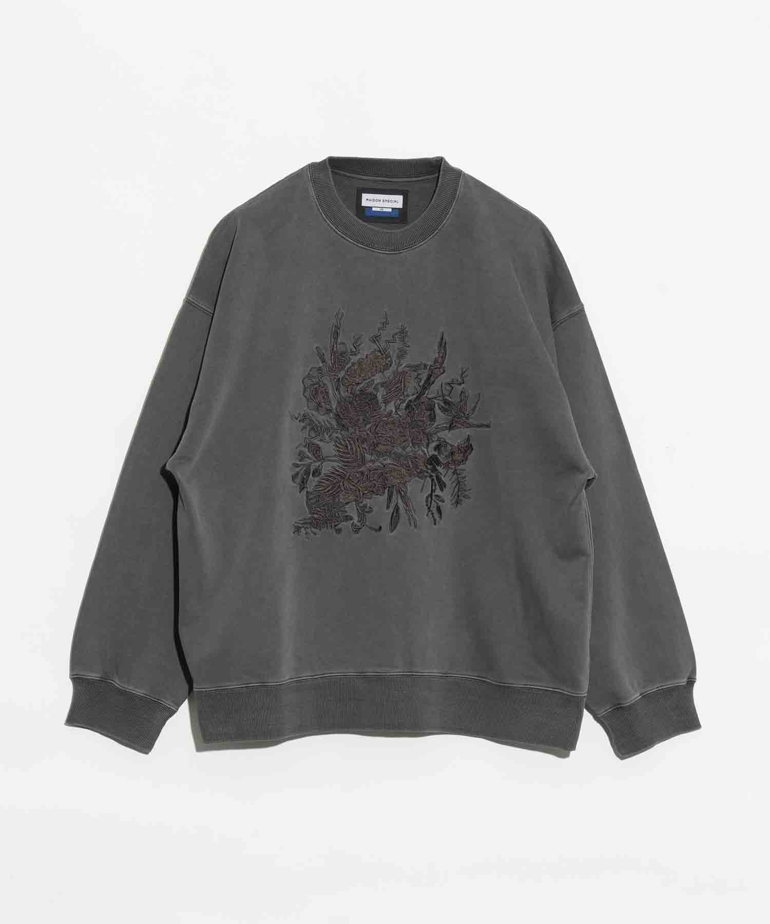 Flower Embroidery Heavy-Weight Pigment Sweat Prime-Over Crew Neck Pull