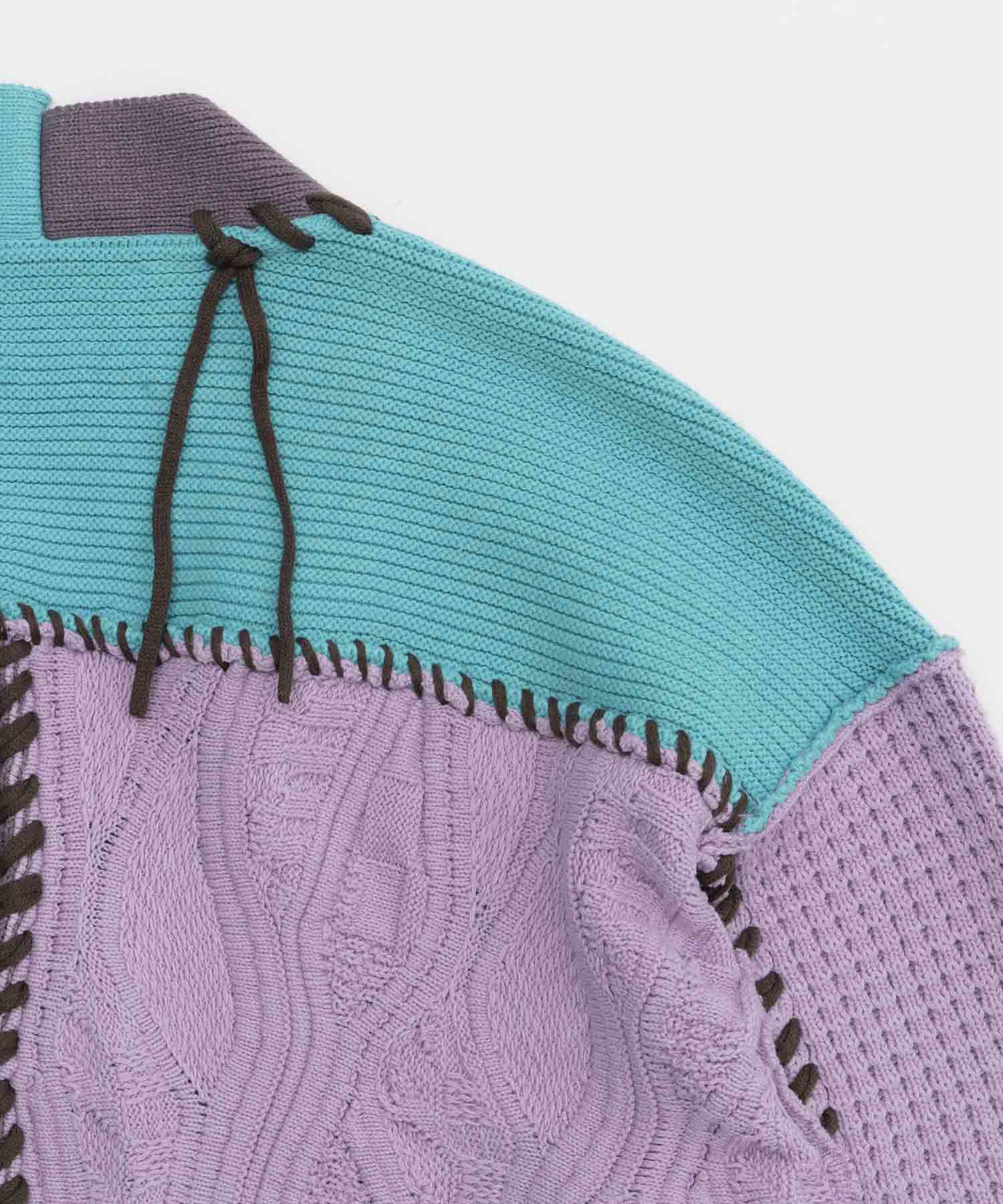 Oni-Waffle Crazy Patchwork Stitch Embroidery Prime-Over V-Neck Knit Cardigan