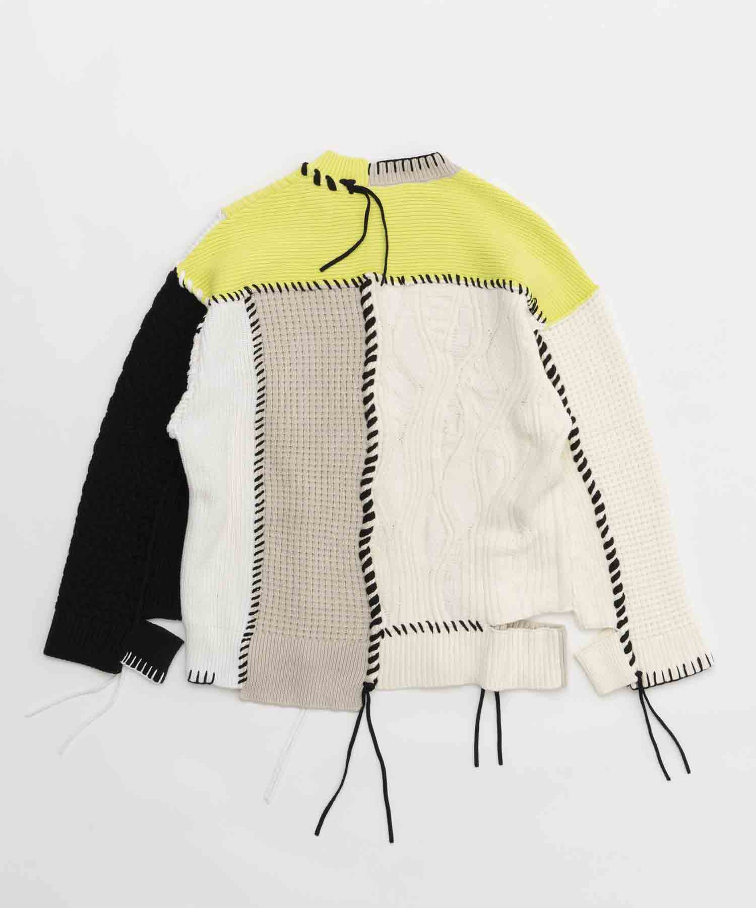 Oni-Waffle Crazy Patchwork Stitch Embroidery Prime-Over Crew Neck Knit Pullover