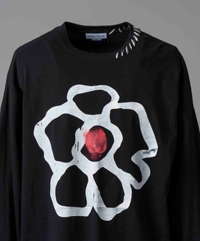 Flower Hand-PRINTED OVERSIZED Stitched Crew Neck Long Sleeve T-Shirt