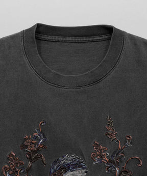 [24SS Pre-Order] "Flower Bird" Embroiedery Chemical Over-Dye Prime-Over Crew Neck T-Shirt