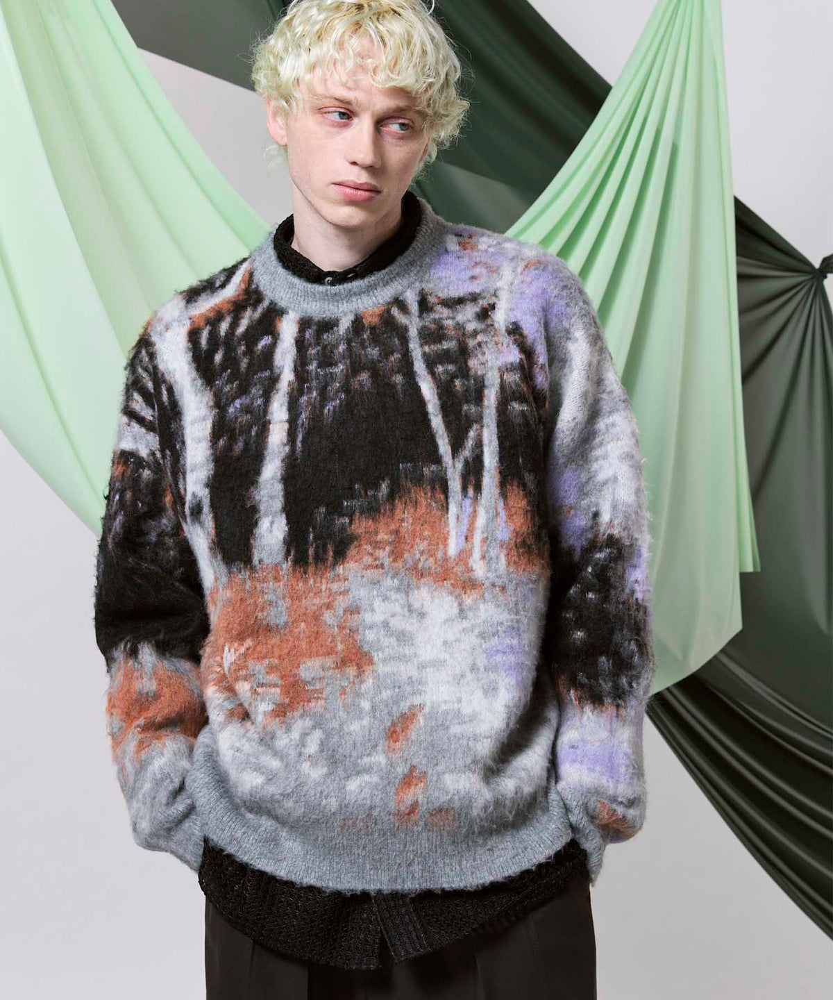 【24AW PRE-ORDER】Prime-Over Landscape Painting Crew Neck Knit Pullover