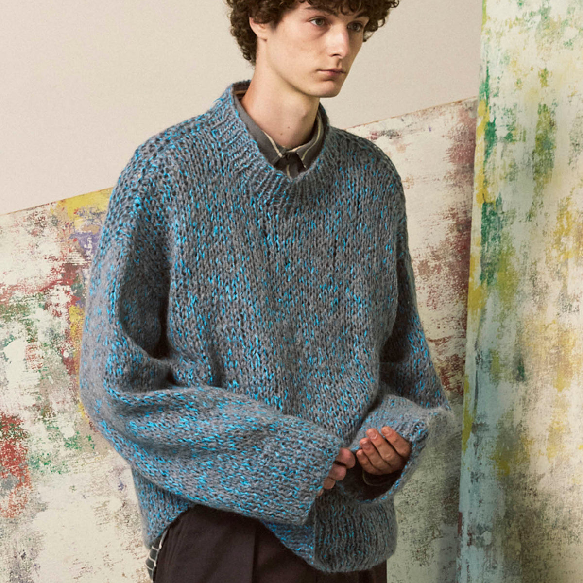 Tape Yarn Mix Hand Knitting Prime-Over Crew Neck Knit Pullover