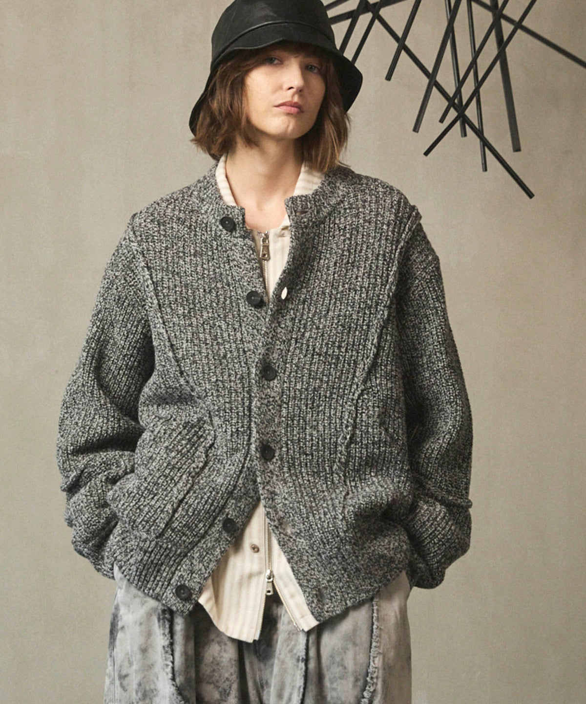 3 colors Wool Nylon Prime-Over Crew Neck Knit Cardigan