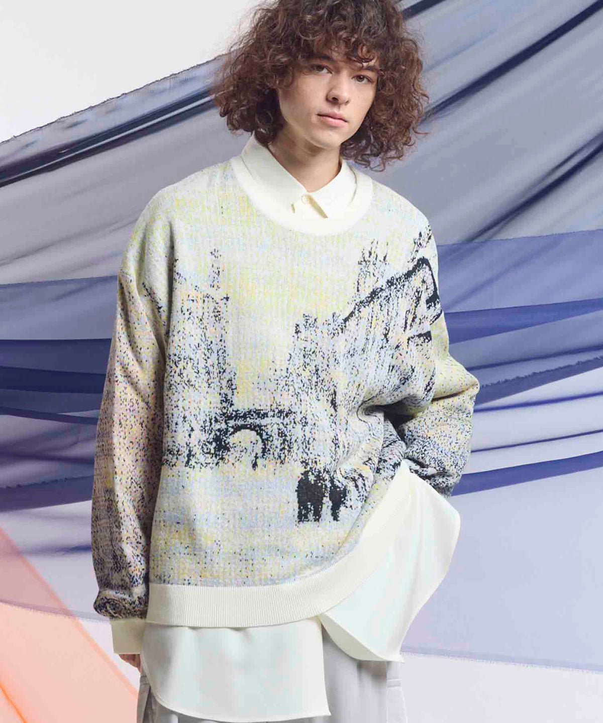 Prime-Over Landscape Painting Crew Neck Knit Pullover