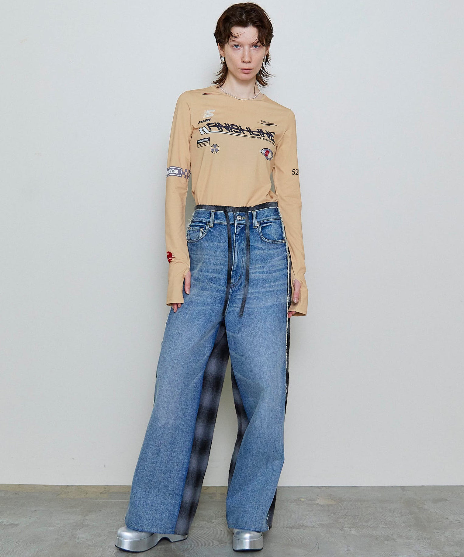 【PRE-ORDER】Plaid Pattern Bicolor Denim Pants