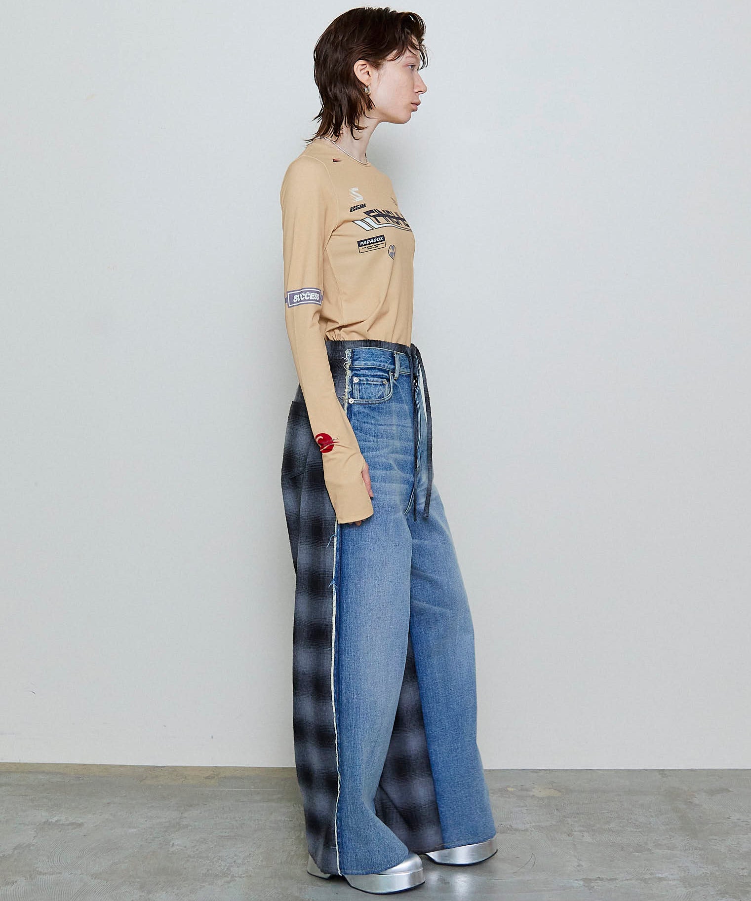 Plaid Pattern Bicolor Denim Pants - Main Image