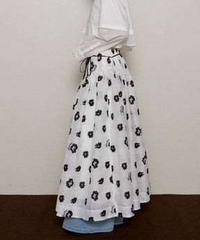 【25SPRING PRE-ORDER】Sheer Fabric Floral Pattern Narrow Belt Volume Silhouette Skirt