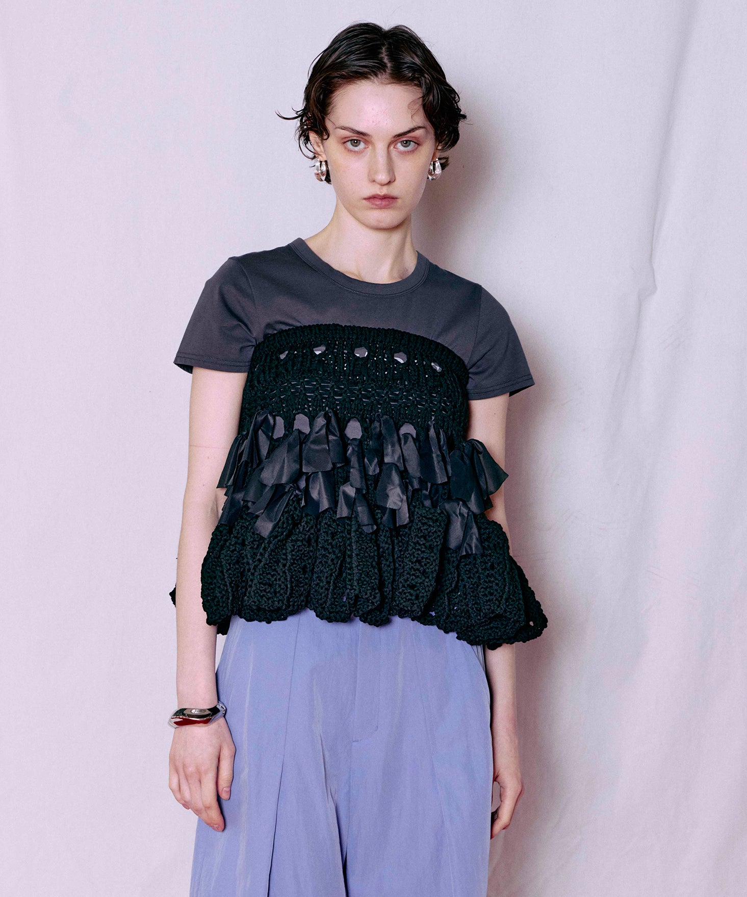 AMERI PEPLM FLARE BUSTIER KNIT ブラック Ameri（アメリ）の「PEPLUM FLARE BUSTIER KNIT（ニット/セーター