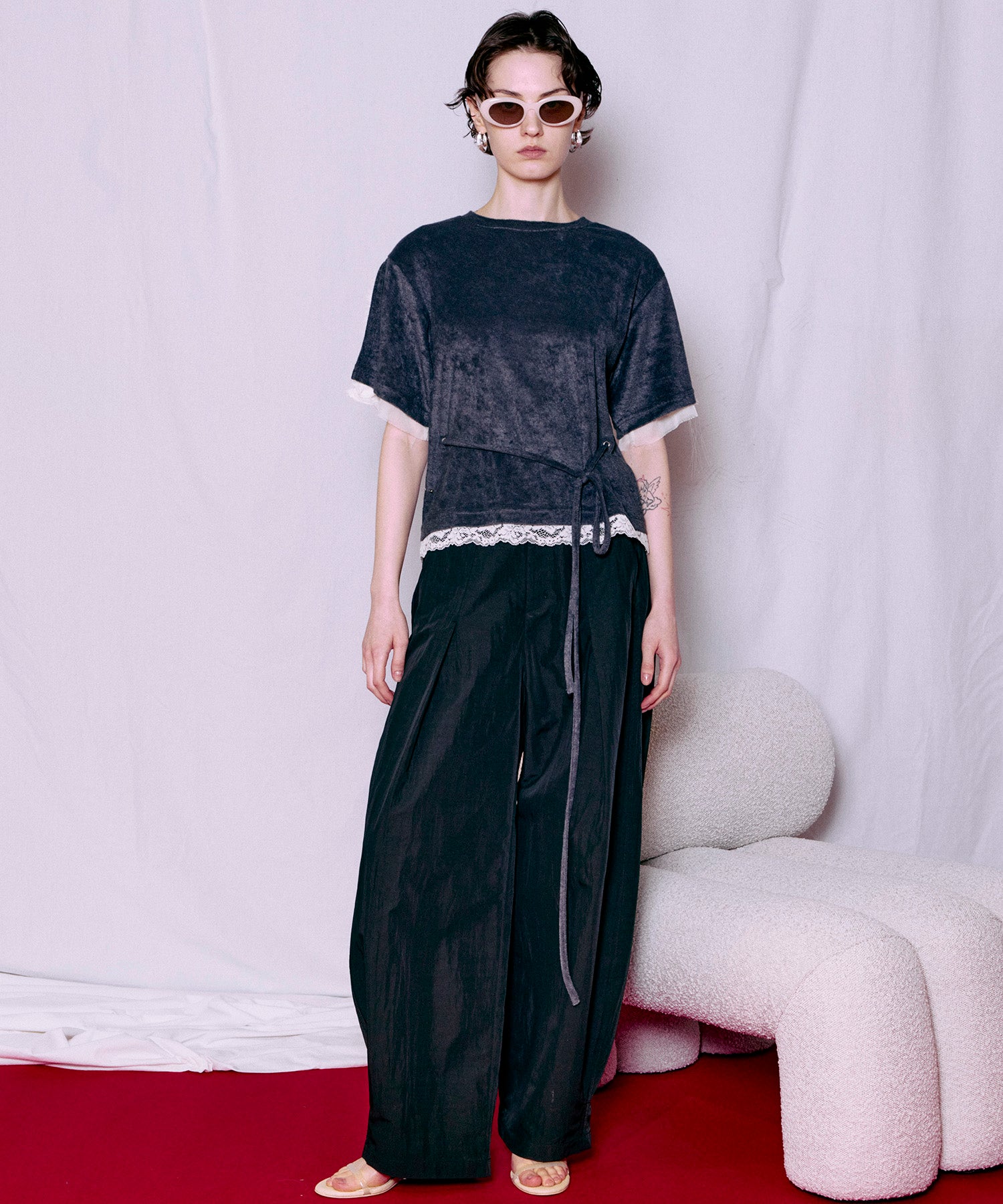 2WAY Lace Trim Pile T-Shirt