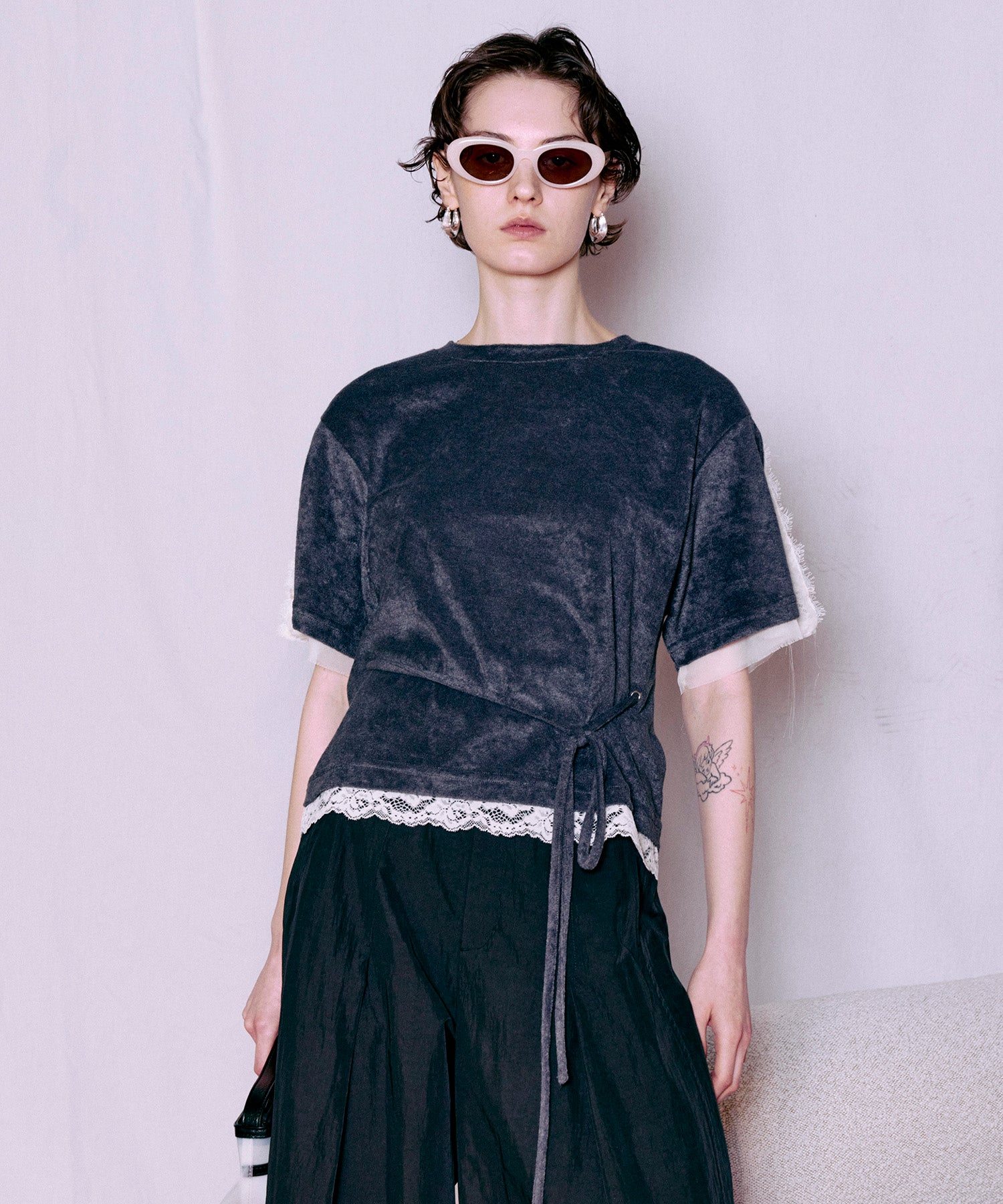 2WAY Lace Trim Pile T-Shirt