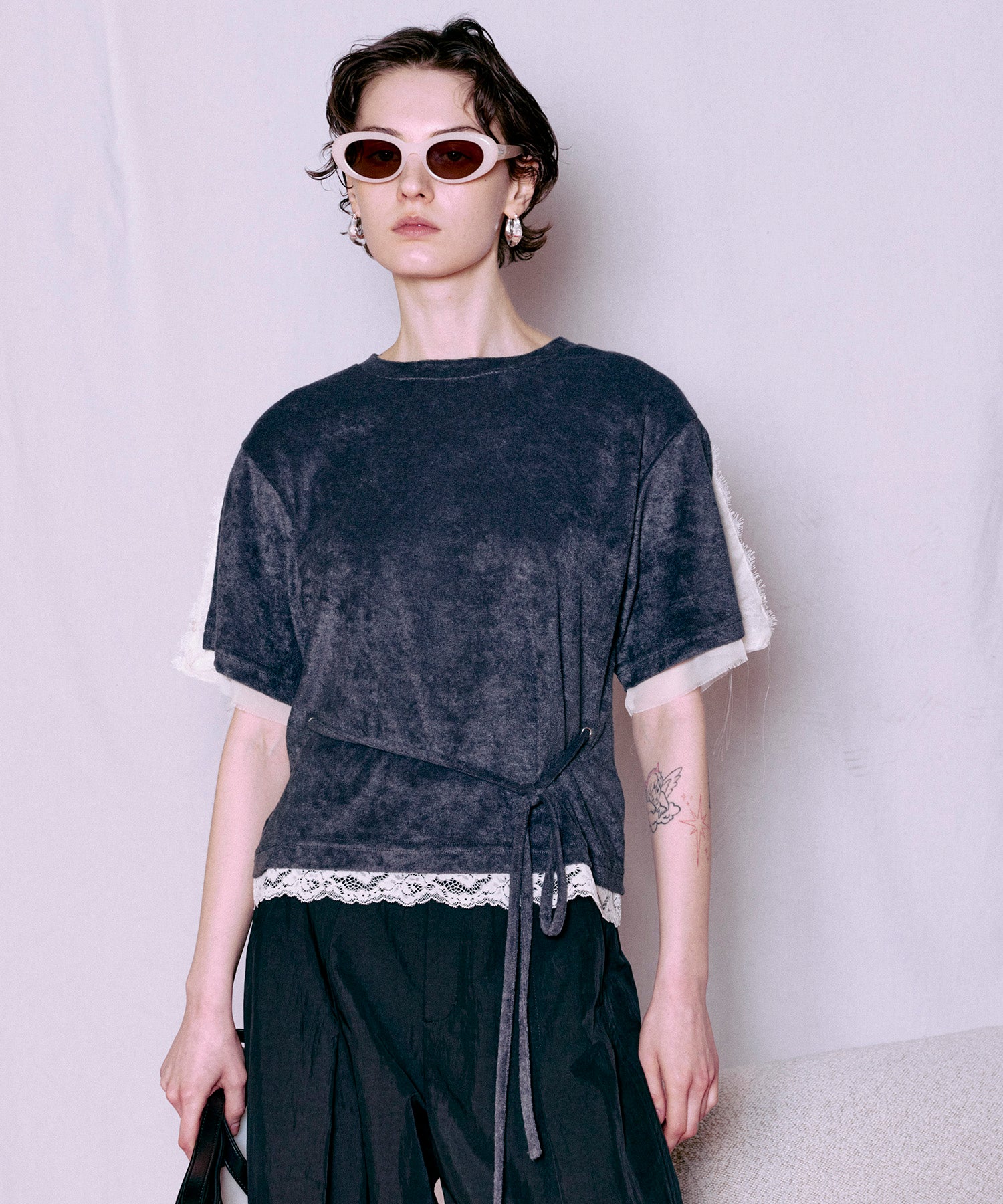 2WAY Lace Trim Pile T-Shirt