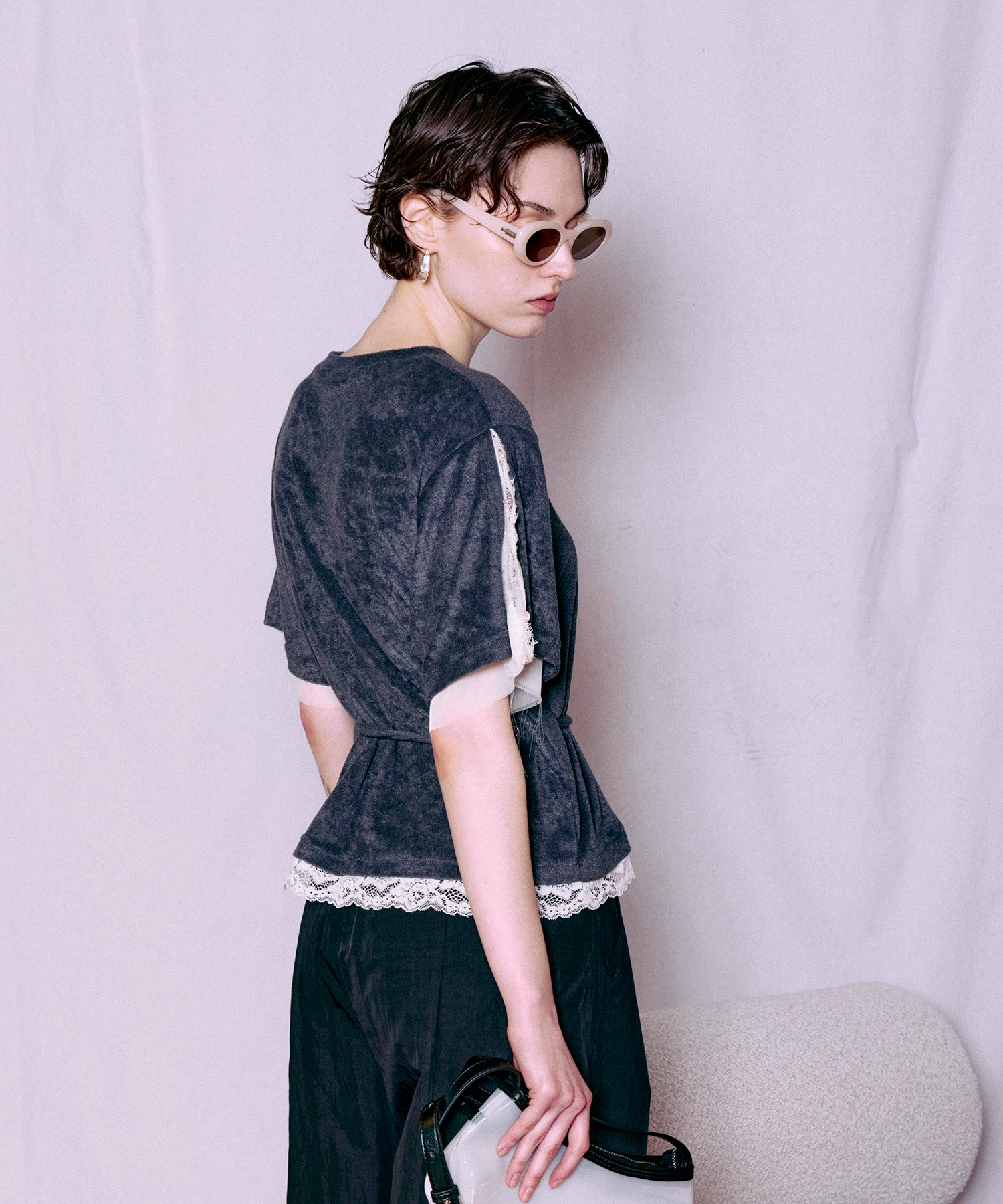 2WAY Lace Trim Pile T-Shirt