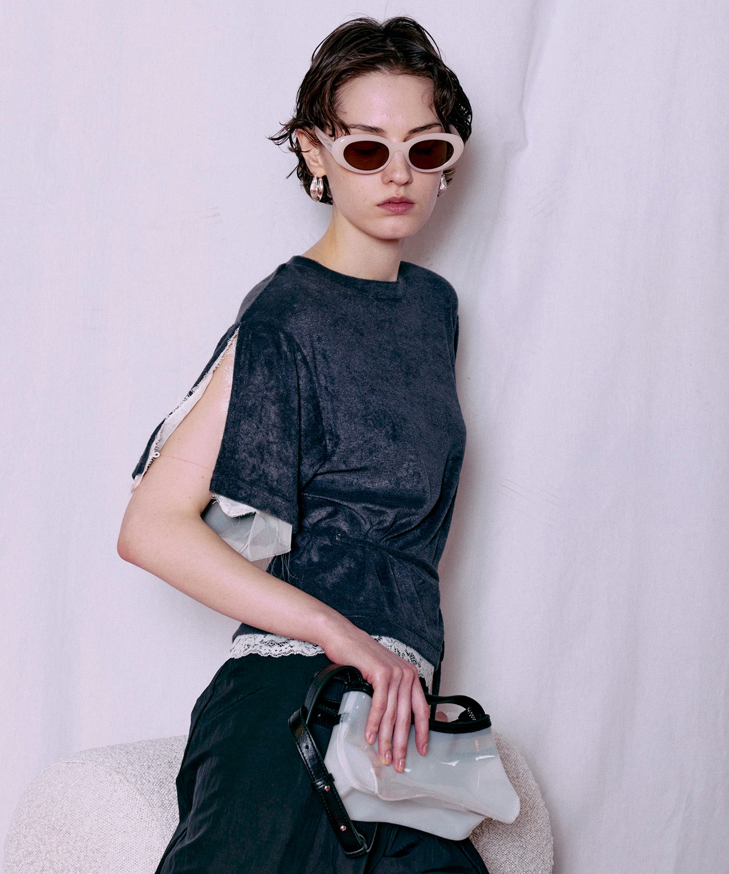 2WAY Lace Trim Pile T-Shirt