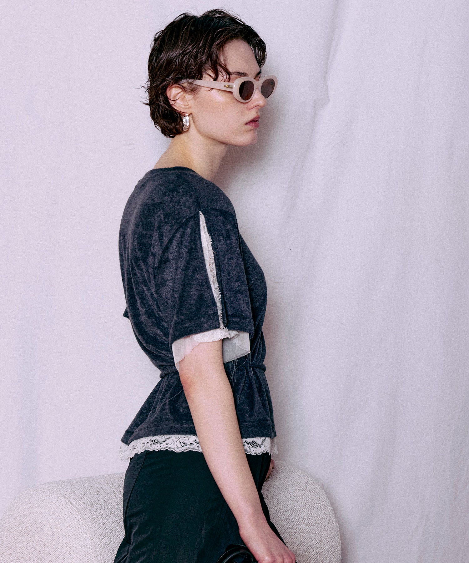 2WAY Lace Trim Pile T-Shirt