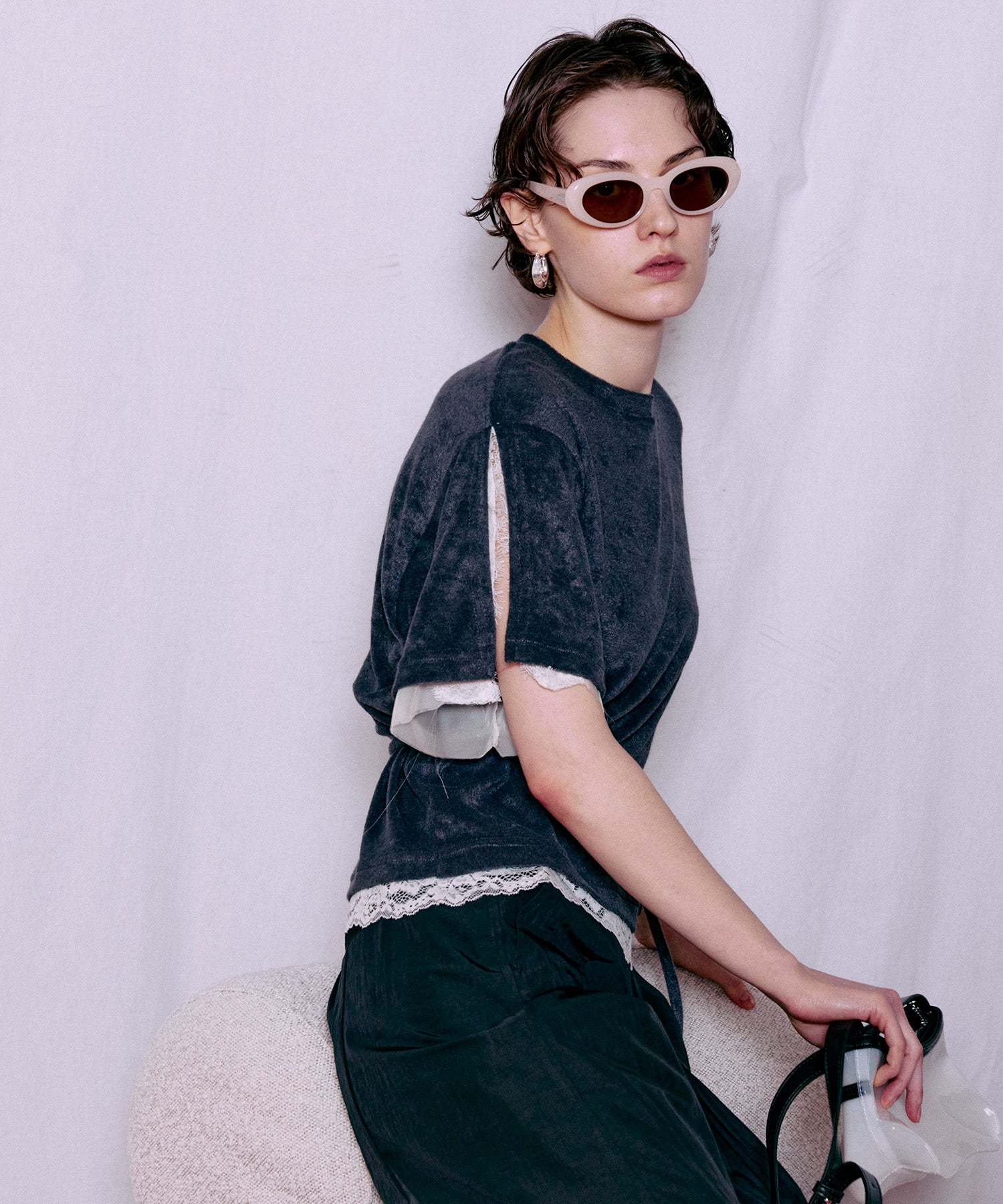 2WAY Lace Trim Pile T-Shirt