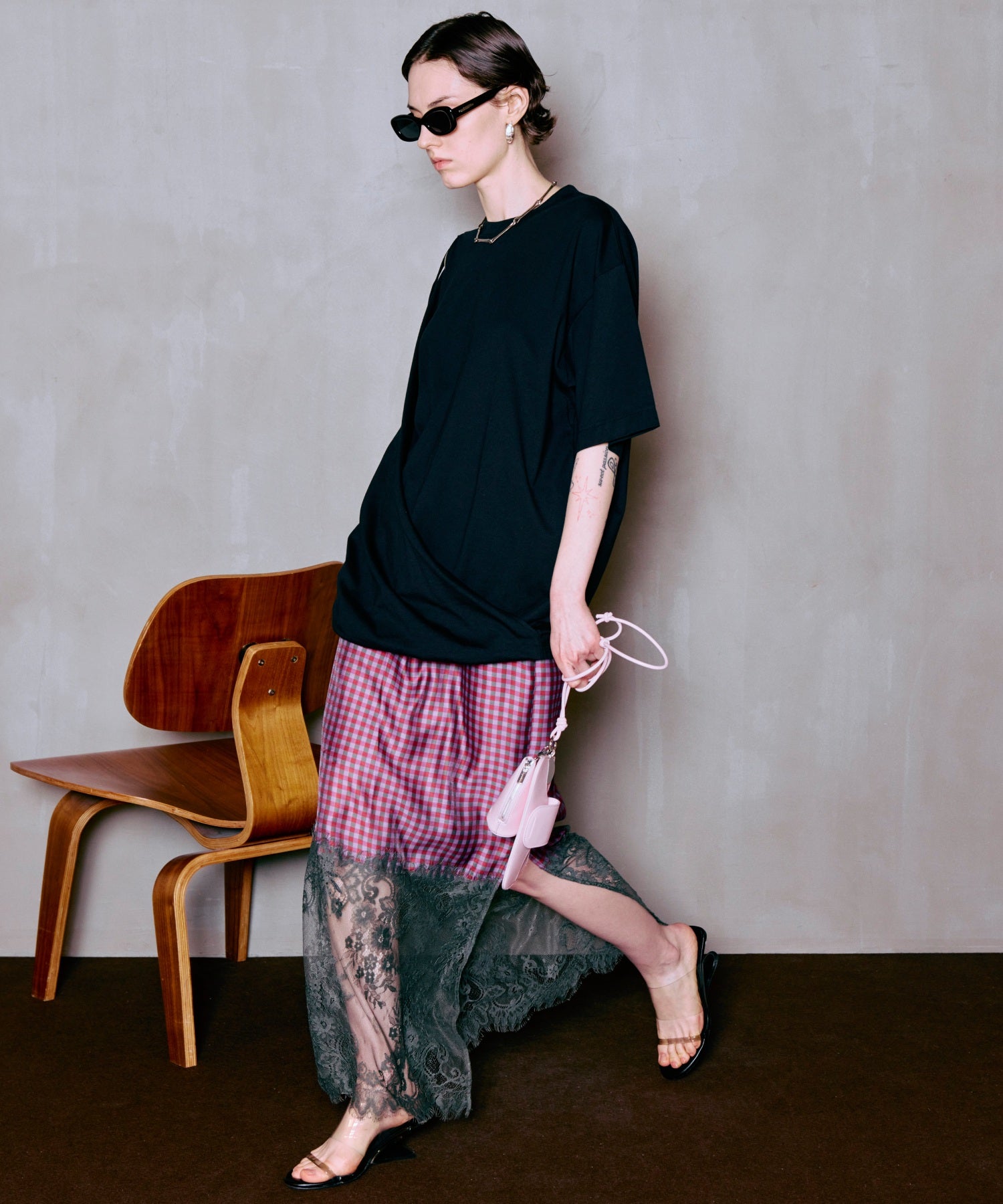 Check Lace Tight Skirt
