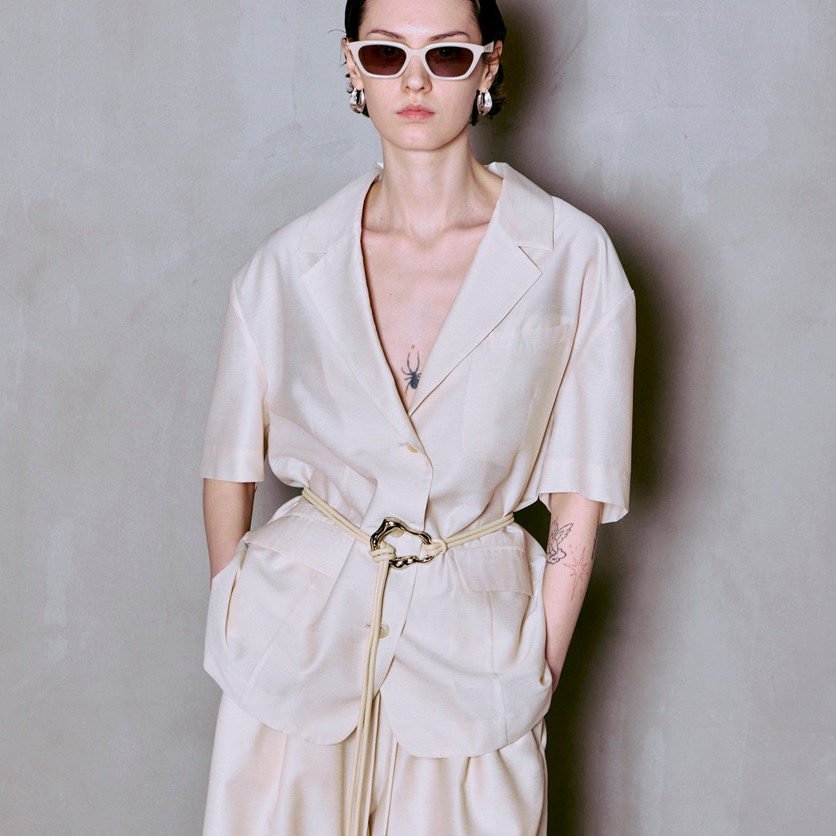 Half-Sleeve Sheer Suiting Jacket
