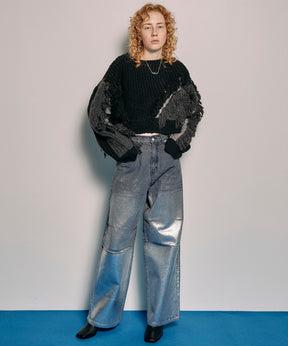 Sheer Material Docking Cropped Knit Wear
