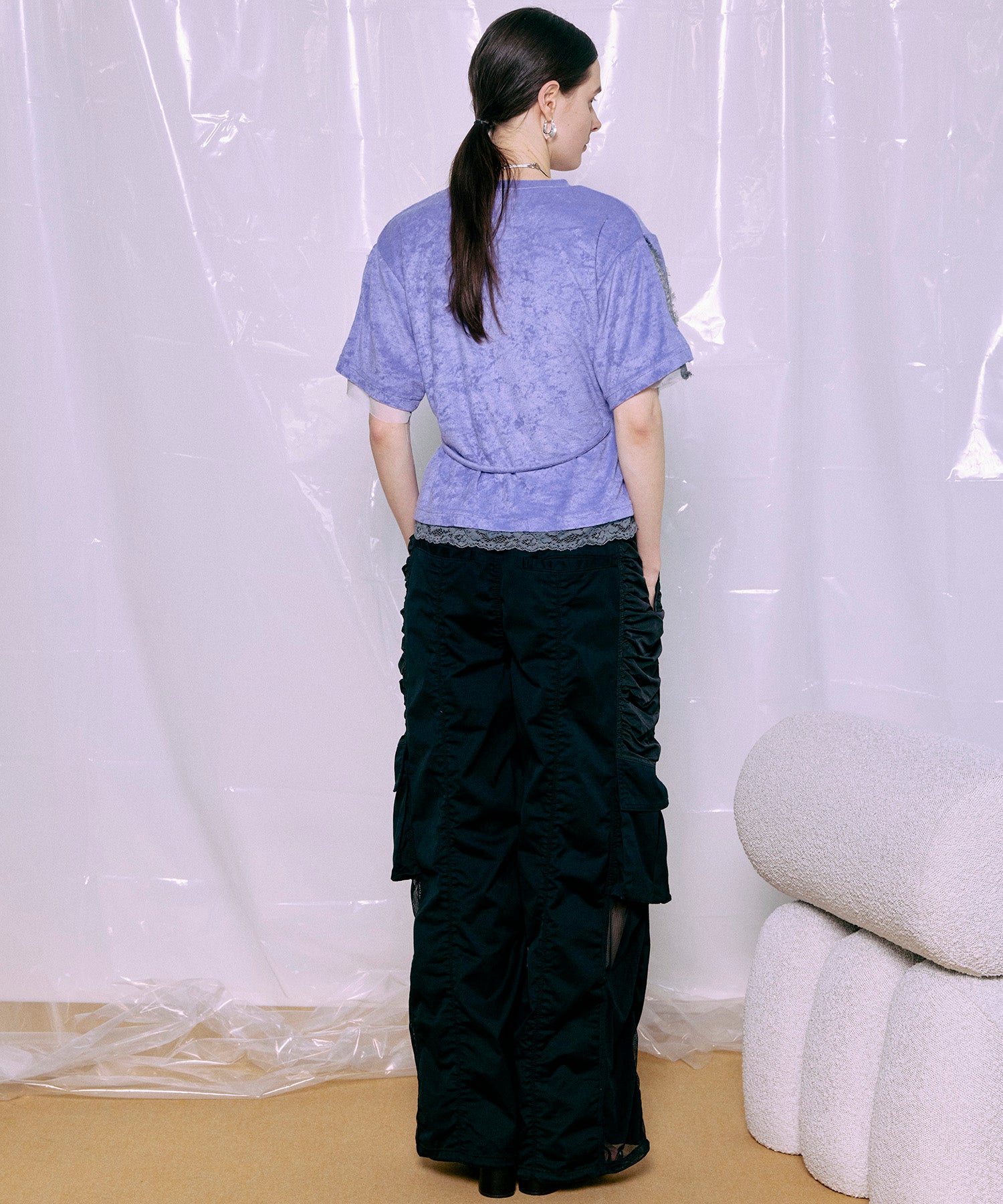 2WAY Lace Trim Pile T-Shirt