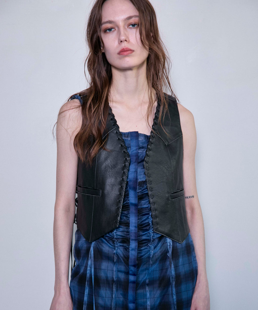 SALE】Lace Up Short Length Vegan Leather Vest