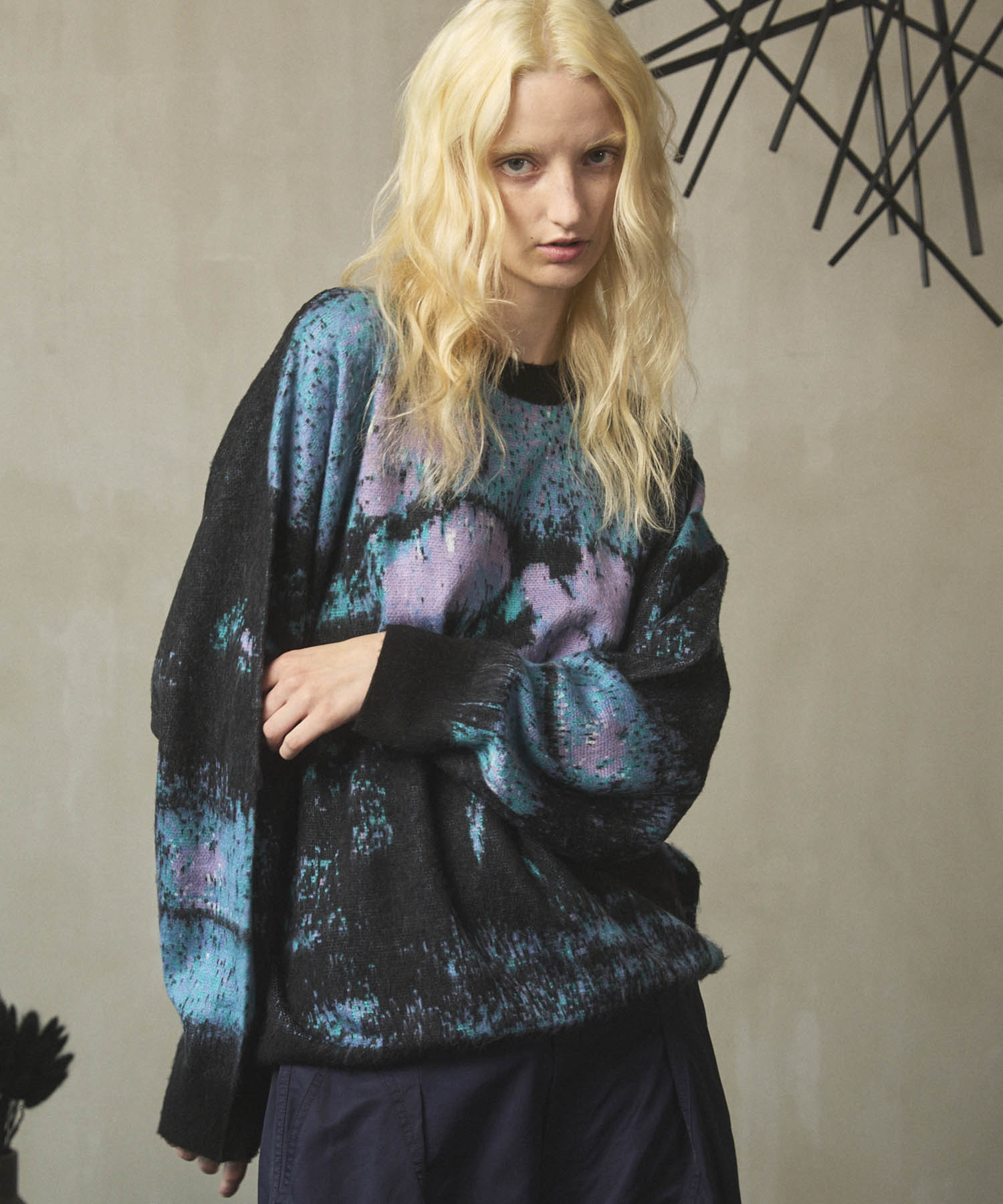 PARANOID パッチワーク長袖カットソー 迷彩 Contemporary Art Jacquard Prime-Over Crew Neck Shaggy Knit