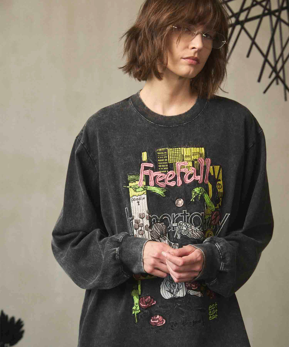 Artist Graphical Embroidery Prime-Over Crew Neck Long Sleeve T-Shirt