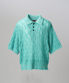 Sheer Lace Mesh Prime-Over Knit Polo Shirt