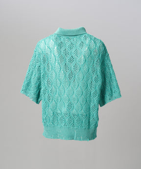 Sheer Lace Mesh Prime-Over Knit Polo Shirt