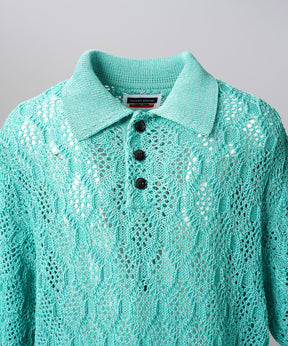 Sheer Lace Mesh Prime-Over Knit Polo Shirt
