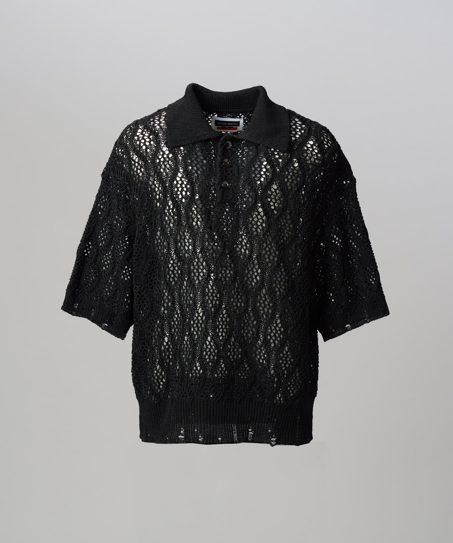Sheer Lace Mesh Prime-Over Knit Polo Shirt