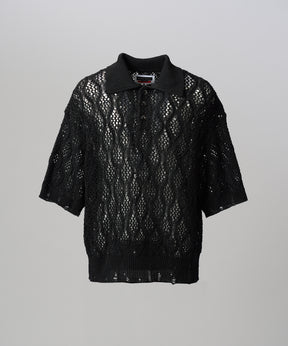 Sheer Lace Mesh Prime-Over Knit Polo Shirt