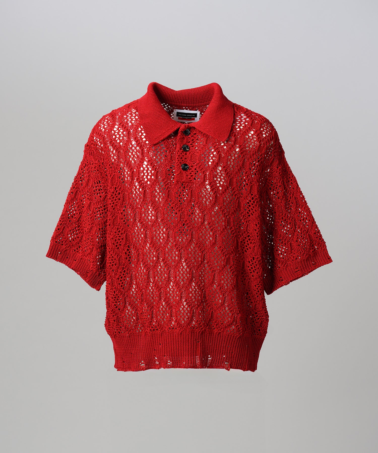 Sheer Lace Mesh Prime-Over Knit Polo Shirt