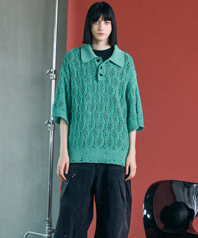 Sheer Lace Mesh Prime-Over Knit Polo Shirt