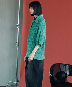Sheer Lace Mesh Prime-Over Knit Polo Shirt