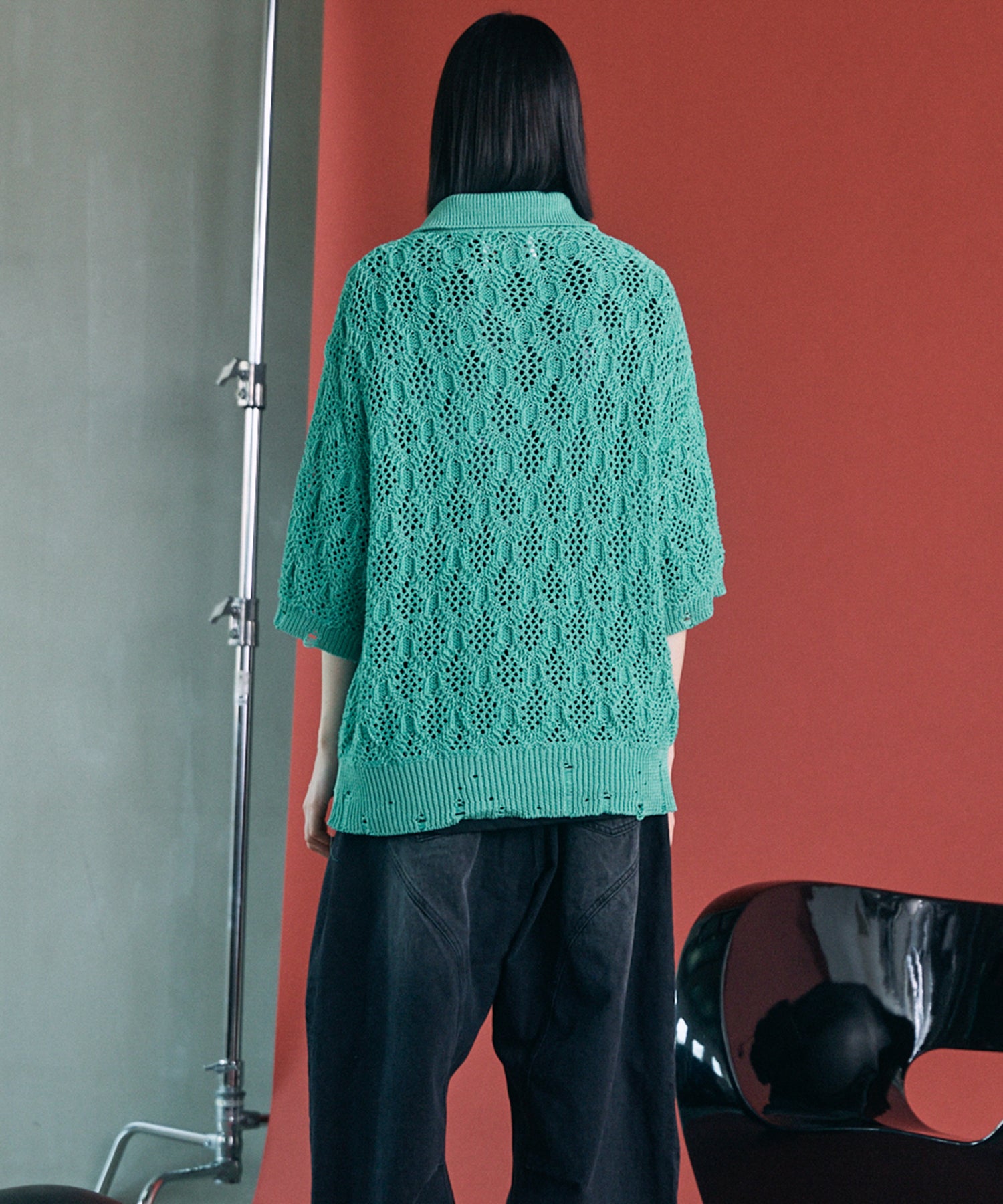 Sheer Lace Mesh Prime-Over Knit Polo Shirt