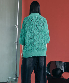 Sheer Lace Mesh Prime-Over Knit Polo Shirt