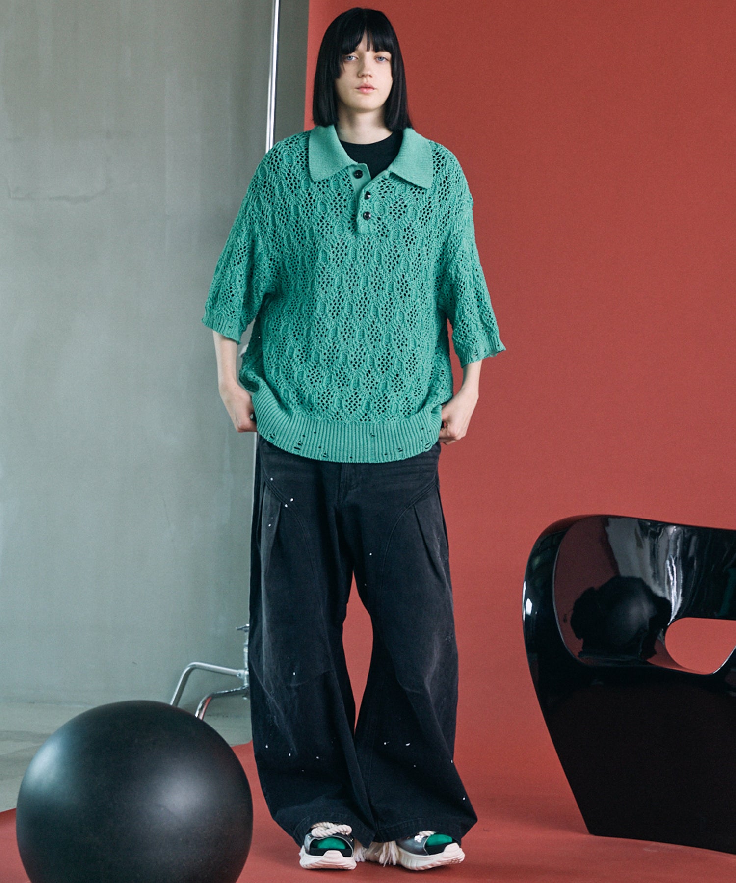 Sheer Lace Mesh Prime-Over Knit Polo Shirt