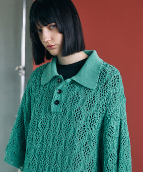 Sheer Lace Mesh Prime-Over Knit Polo Shirt