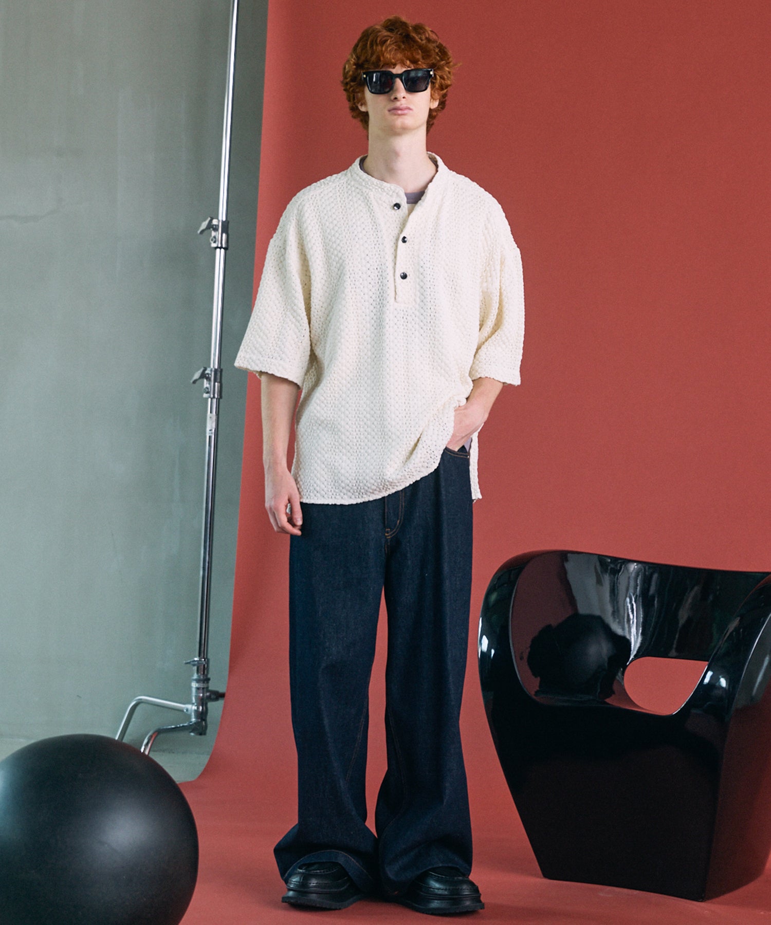 [26SS PRE-ORDER]Birdseye Jersey Mesh Prime-Over Henry Neck Short-sleeved T-shirt